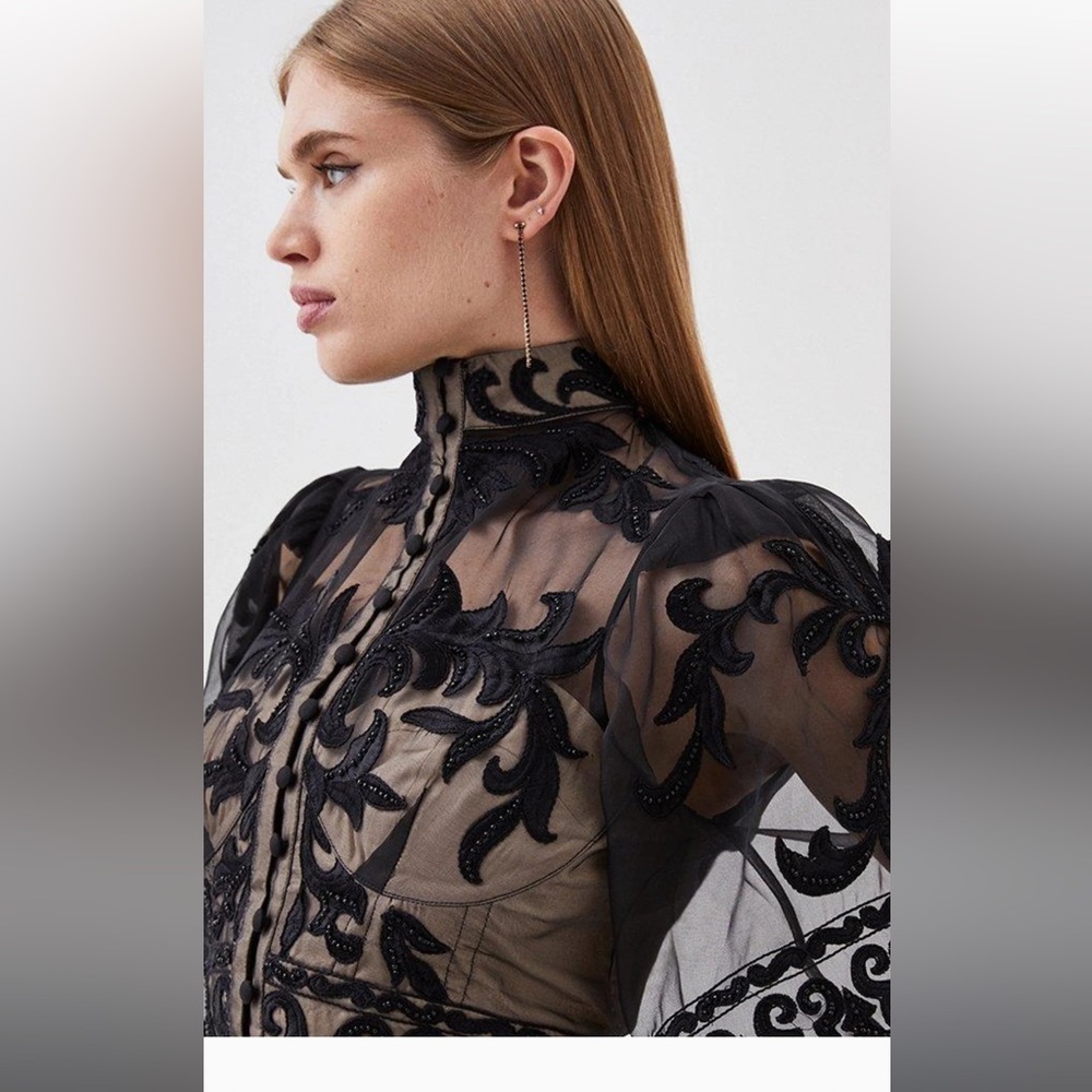 sheer beaded dark floral lace corset midi dress - Picture 3 of 10